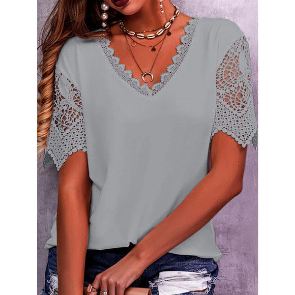 Summer Lace: Loose V Neck Short Sleeve Lace Tops - Women's Casual Shirts