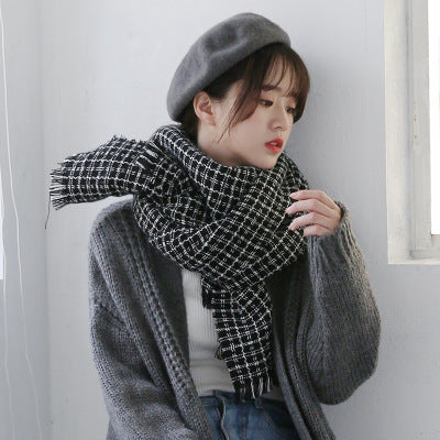 Color Block Plaid Raw Edge Thermal Scarf Woven Jacquard