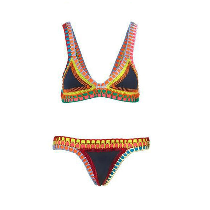 Europe And The United States Sexy Hand Crochet Colorful Bikini Set, Spell Color Rubber, Ladies Knitted Swimwear Wholesale