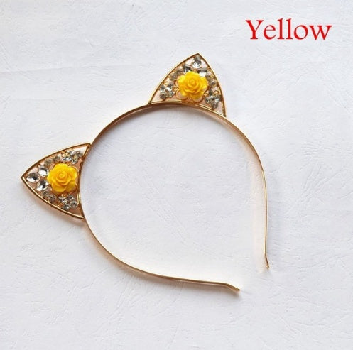 High Quality Cute Alloy Diamond Rose Cat Ears Headband Children Adult Headband