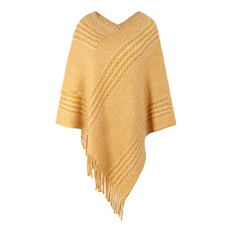 Striped Cape Shawl Fringed Sweater