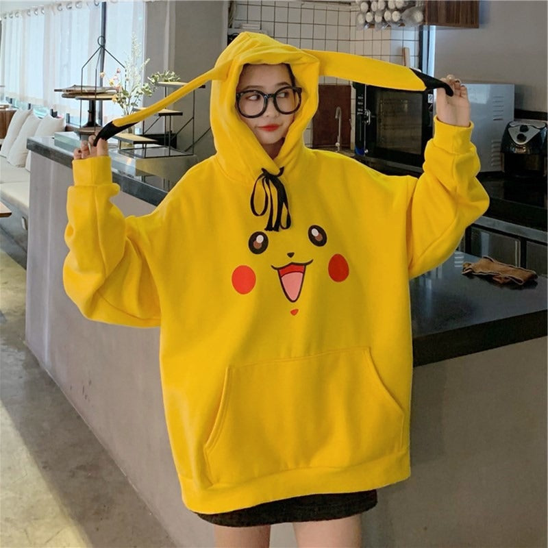 Pikachu Samt Fleece Pullover Studentinnen Japanischer Anime Mit Kappe Lange Abschnitt Kapuzenjacke