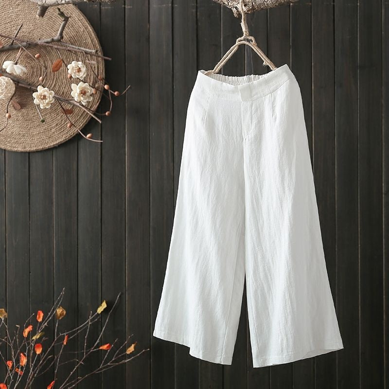 Cotton and Linen Cropped Wide-Leg Pants with Elastic Waist