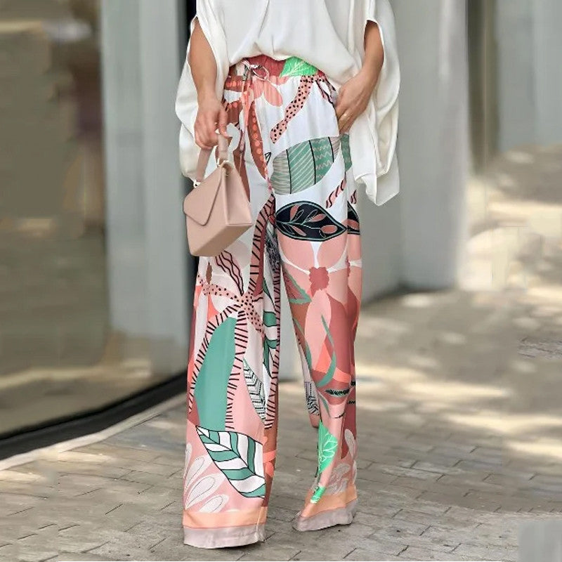 V-neck Batwing Sleeve Fashion Printed High Waist Wide Leg Pants Suit