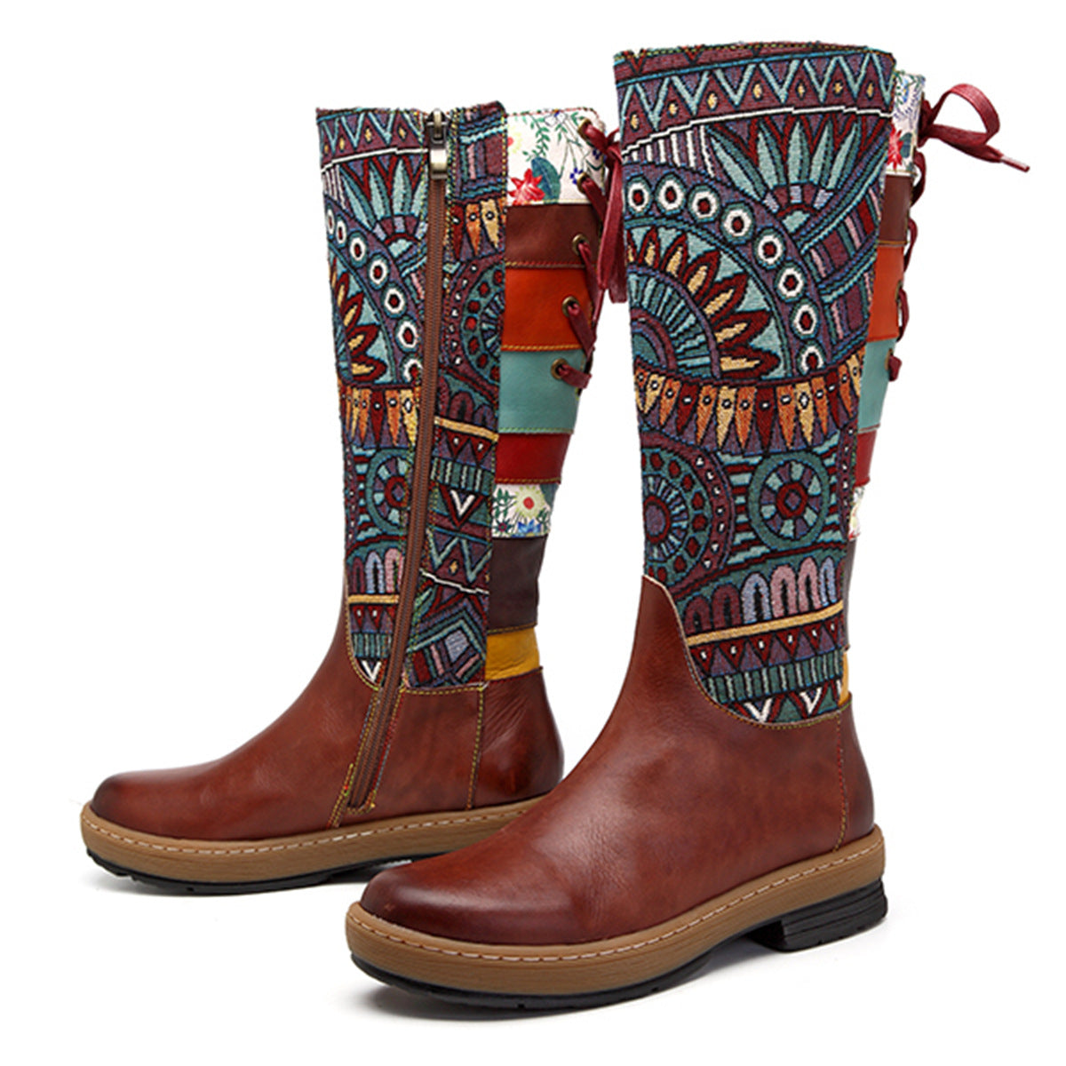 Vintage Mid-calf Boots Women Shoes Bohemian Retro Genuine Leather Motorcycle Boots Printed Side Zipper Back Lace Up Botas