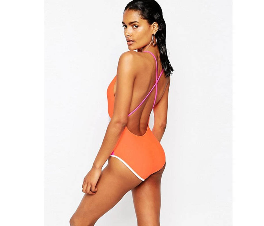 European and American women's mesh stitching sexy bikini one-piece swimsuit