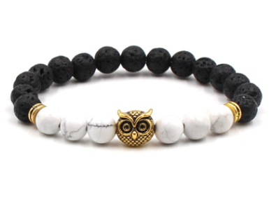 Foreign trade AliExpress best selling 8mm natural stone black lava volcanic stone bracelet gold alloy owl bracelet