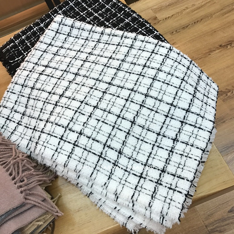 Color Block Plaid Raw Edge Thermal Scarf Woven Jacquard