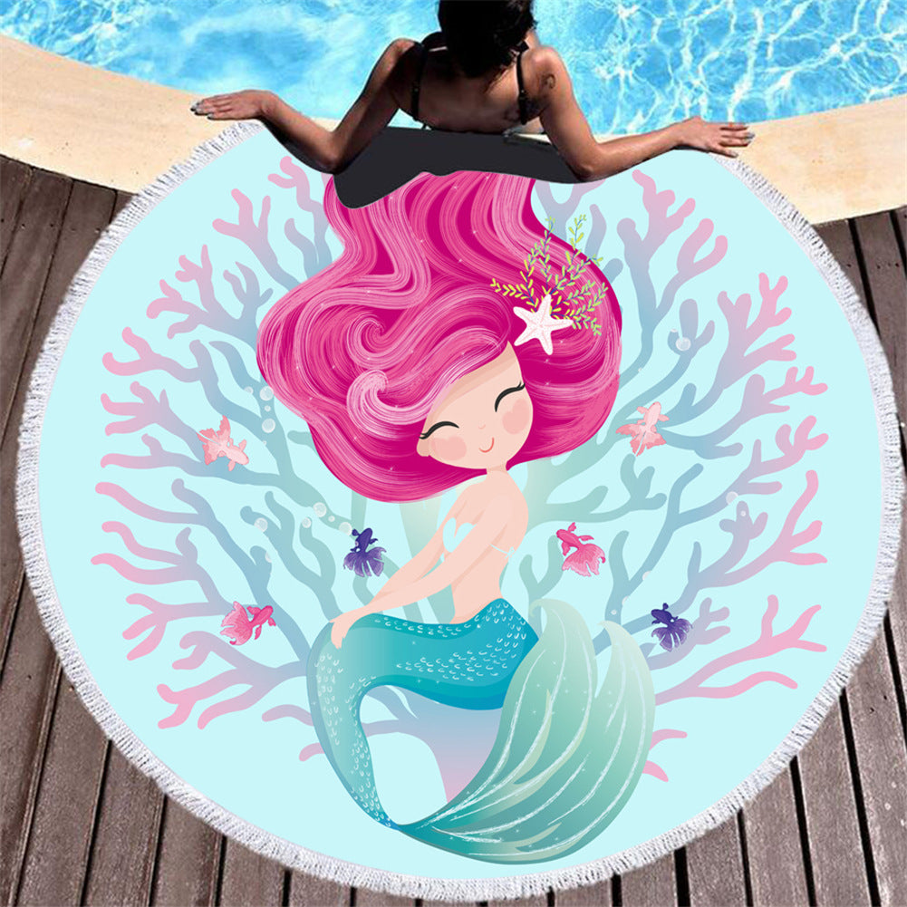 Cartoon pink mermaid microfiber round beach towel