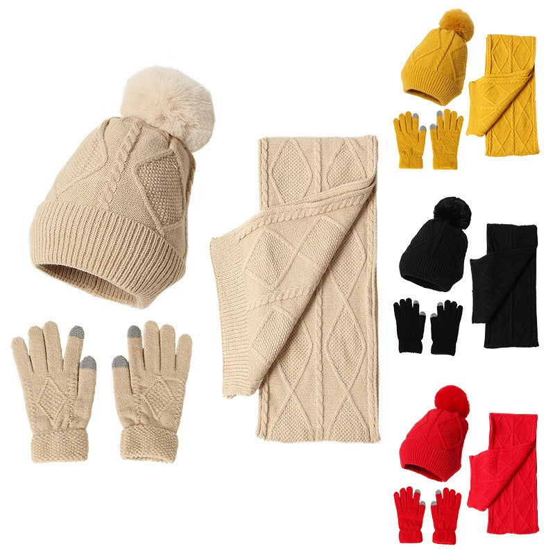 Adult Hat, Scarf, Glove, Three Piece Set, Autumn and Winter New Warm and Thickened Woolen Hat