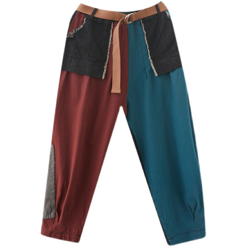 Personality Contrast Color Stitching Denim Trousers For Women