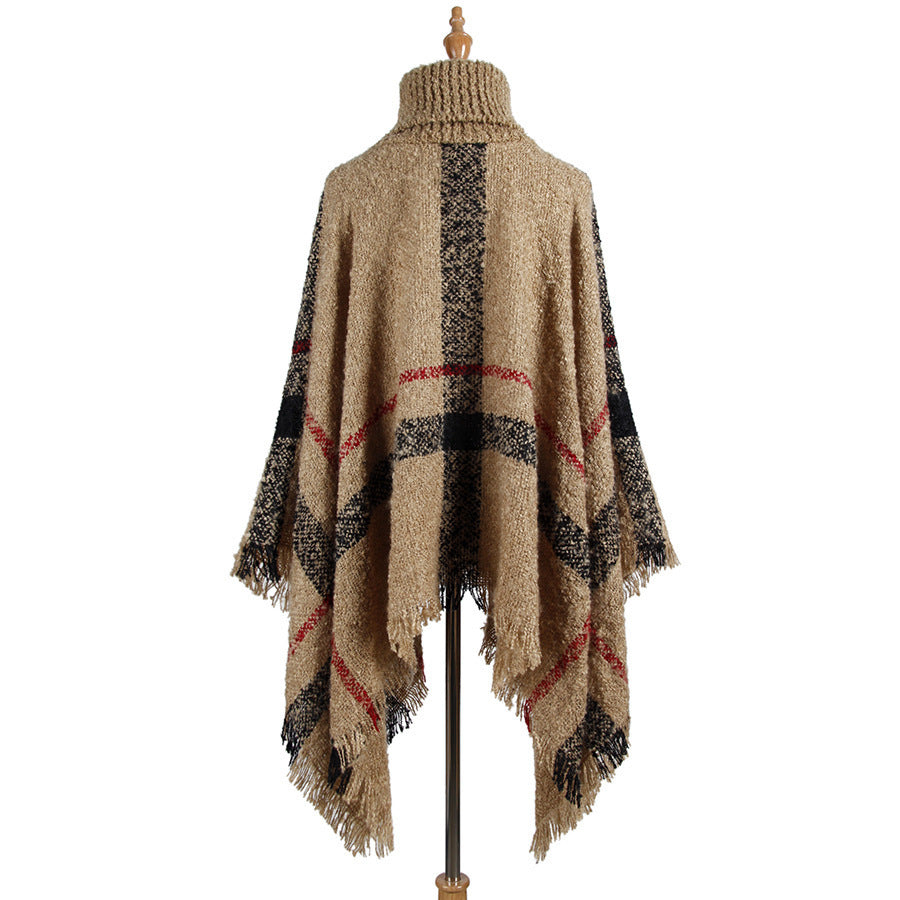 High collar fringed cloak shawl