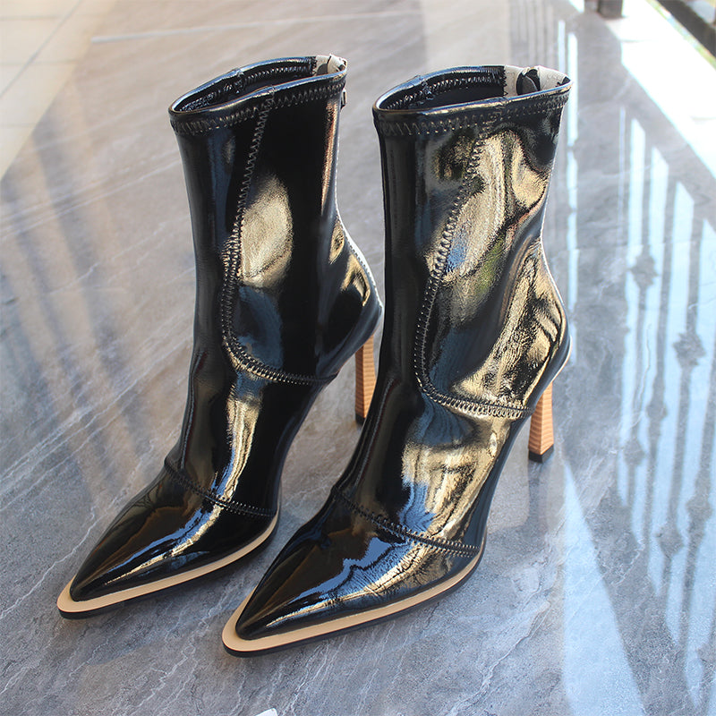 Patent leather short boots women's pointed toe stiletto