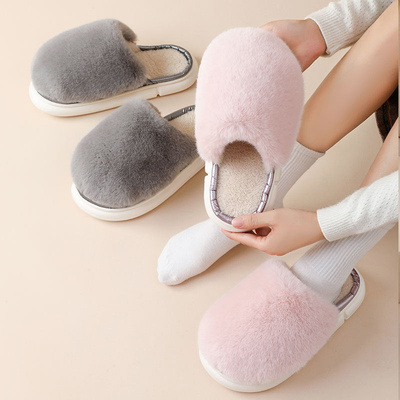 FuzzFluff: Winter warm fuzzy house slippers with plush faux rabbit fur for cozy bedroom comfort.