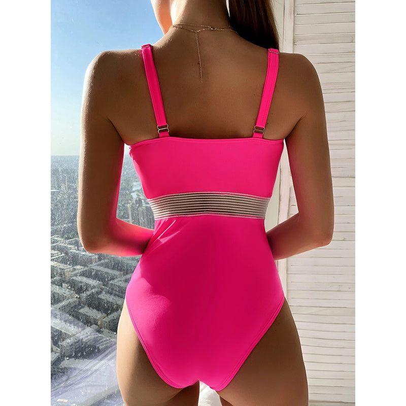 Webbing Panel One Piece Solid Multicolor Swimsuit