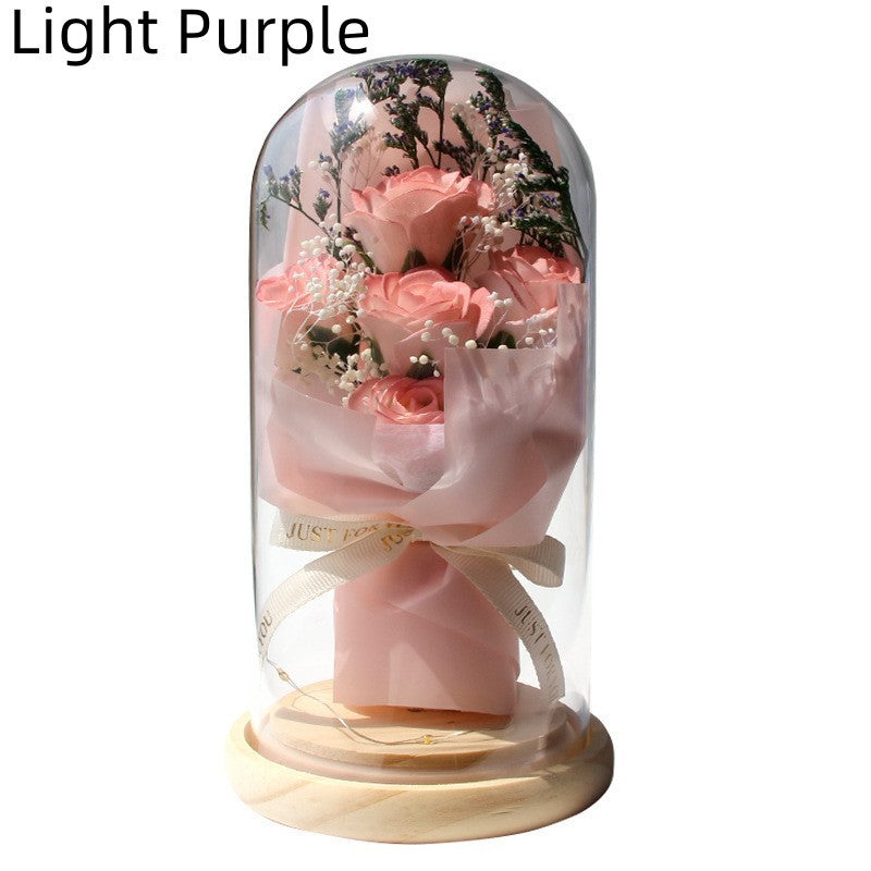 Artificial Rose Dried Flowers Gypsophila Babysbreath Bouquet Glass Cover Ornaments LED Small Night Lamp Valentine's Day Gift