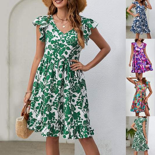 Leaf Print Dress Summer V-neck Ruffled Sleeveless A-Line Dresses Fashion Casual Holiday Beach Dress For Womens Clothing