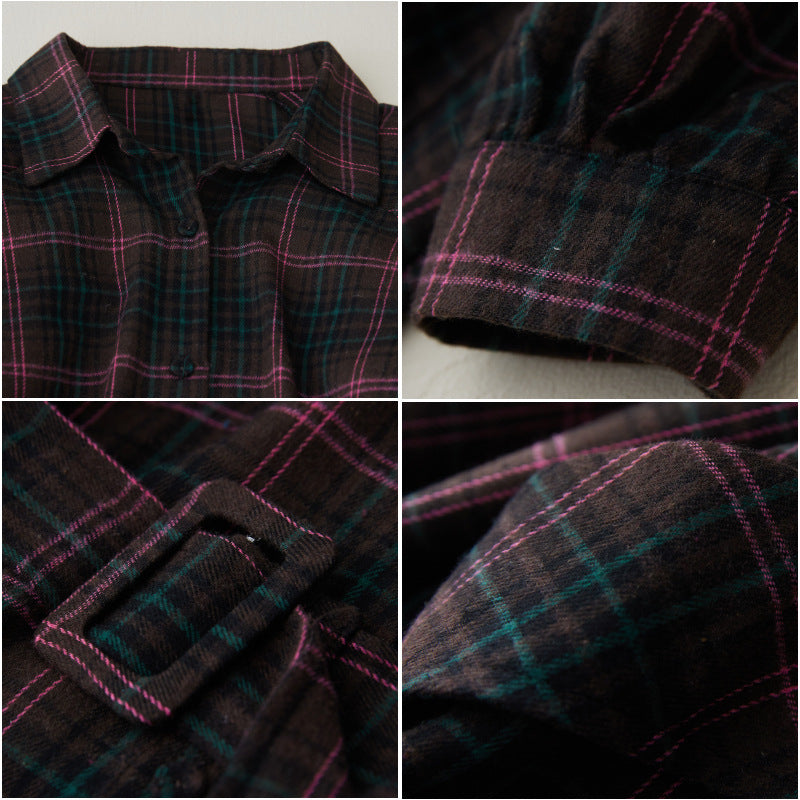 BritPlaid: British-style plaid lace-up waist slimming shirt coat, a retro dress for women with a touch of elegance.