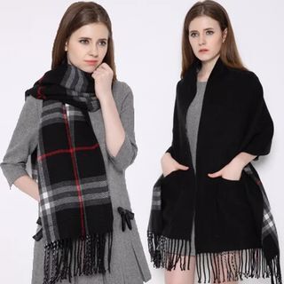 Pocket Scarf Cashmere Fringe Plaid Shawl