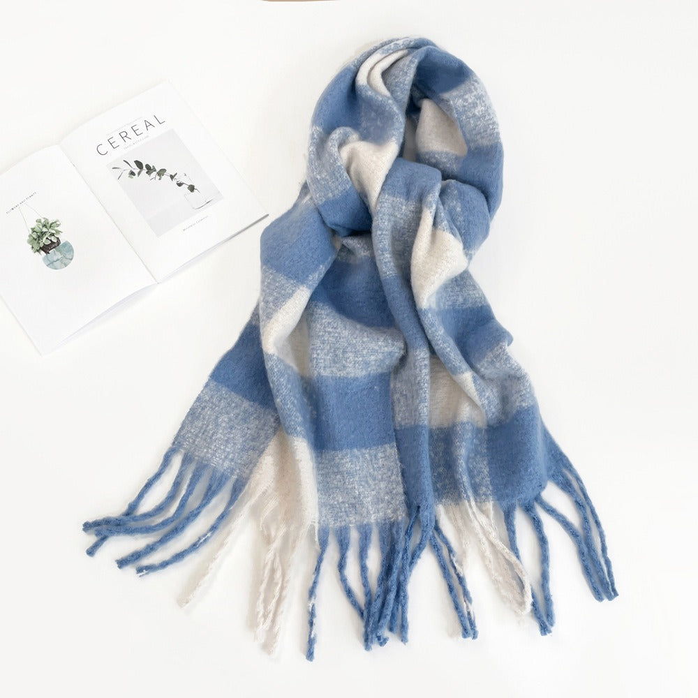 Colorful plaid scarf women's winter warm scarf mohair thickened long scarf