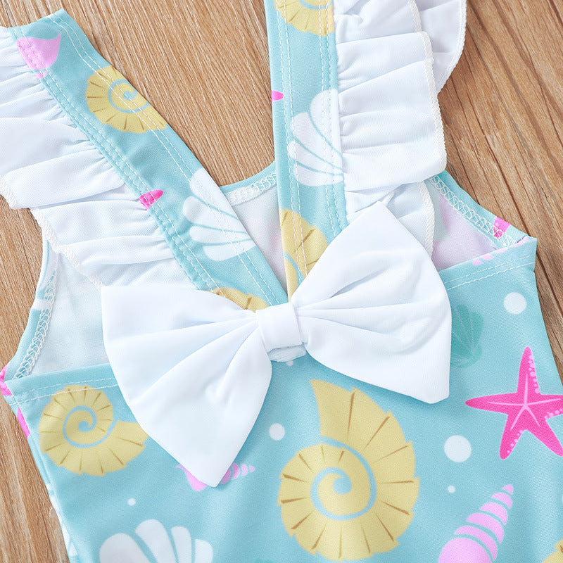 Shell print bow swimsuit