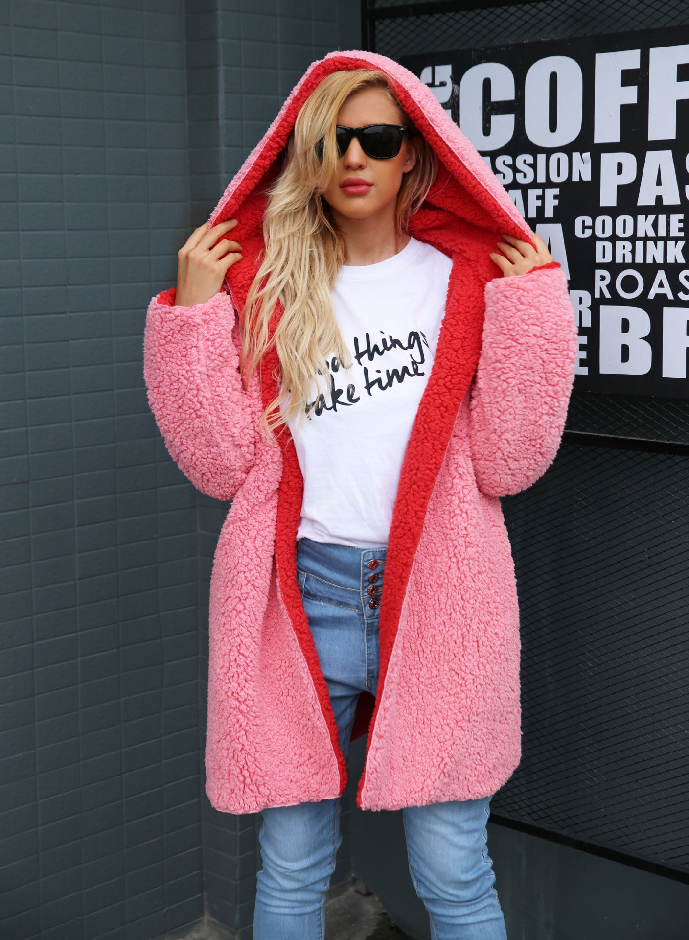 PinkPuff: Hooded teddy jacket, a pink fur coat for women. Plus-size lambswool long winter coat with hairy faux fur, offering a cozy and stylish overcoat option.