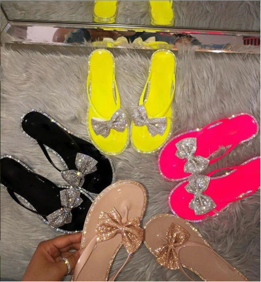 Ladies summer flat bow rhinestone slippers