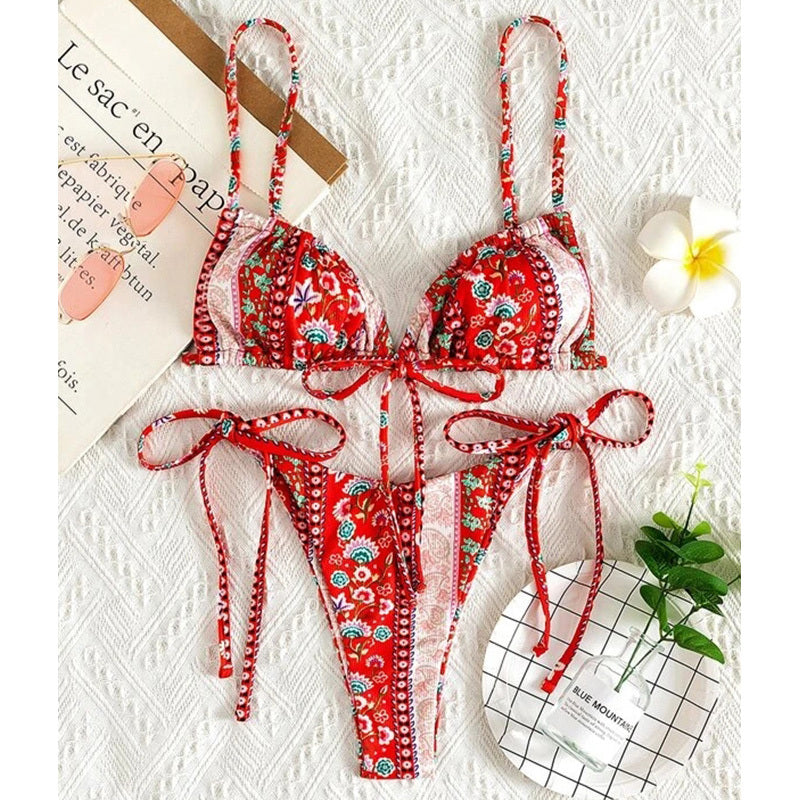 Chinese Style Printed Sub-system Belt Swimsuit