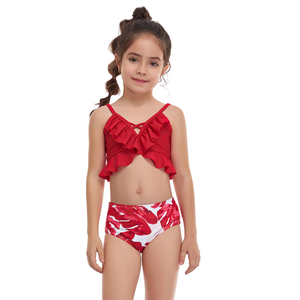 Girls'  Small Ruffled Split Swimsuit