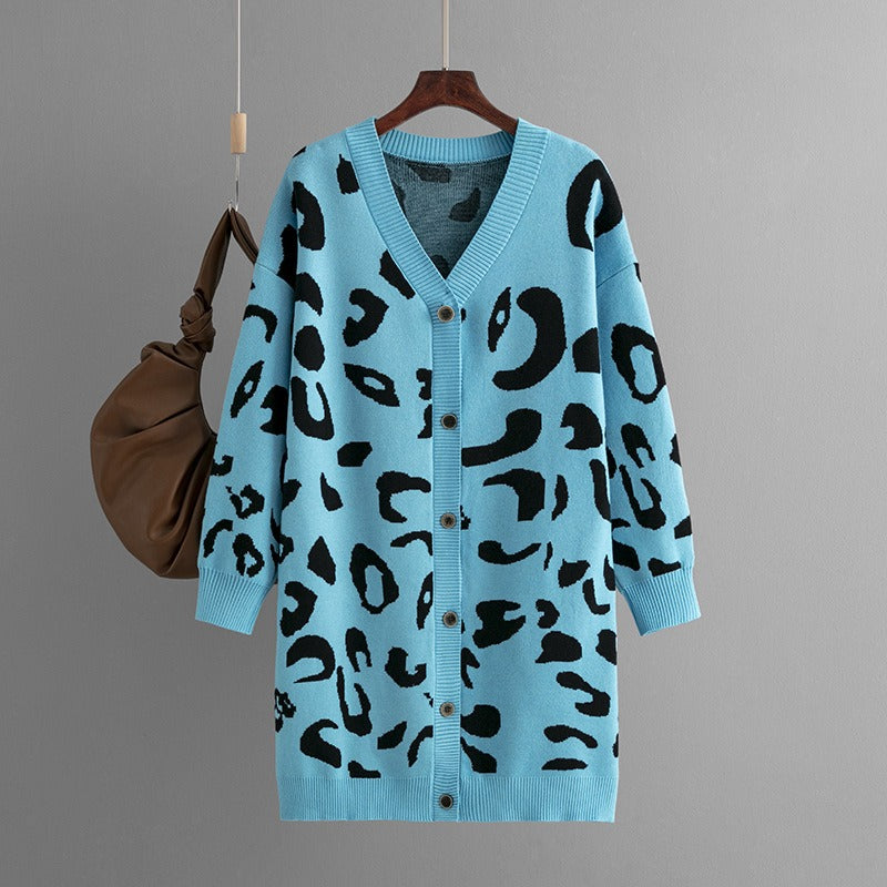 LeopardEase: Autumn leopard knitted women cardigan with long sleeves, V-neck, buttons, and a loose sweater coat for a trendy and comfortable look.