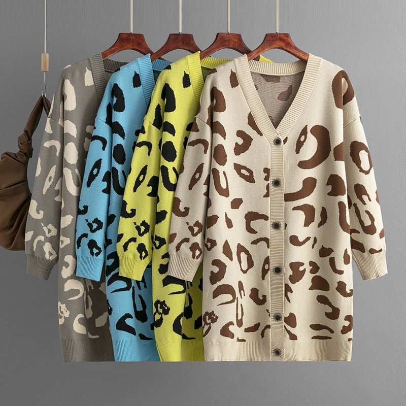 LeopardEase: Autumn leopard knitted women cardigan with long sleeves, V-neck, buttons, and a loose sweater coat for a trendy and comfortable look.