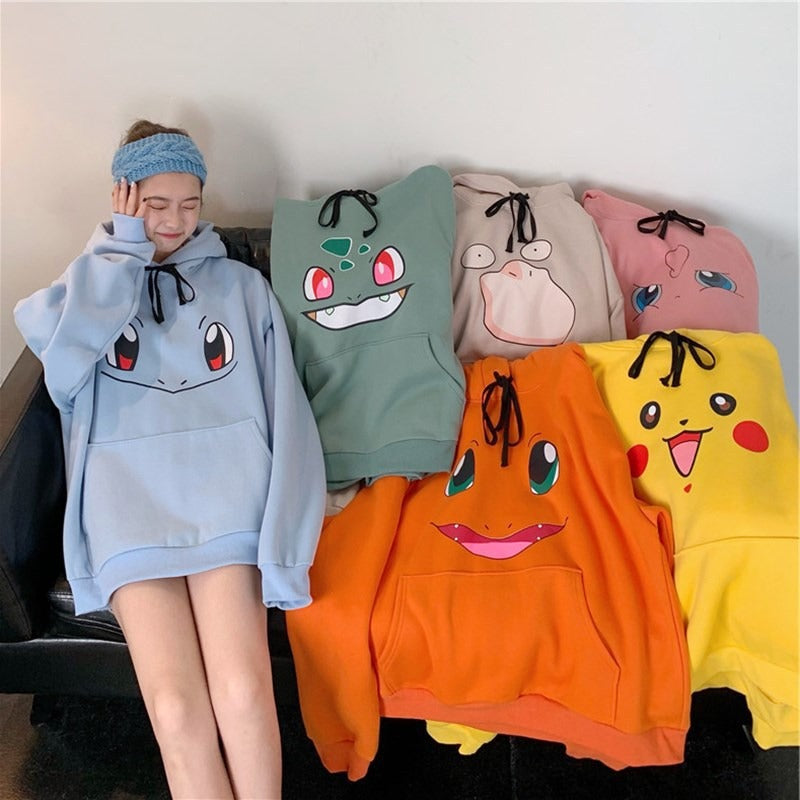 Pikachu Samt Fleece Pullover Studentinnen Japanischer Anime Mit Kappe Lange Abschnitt Kapuzenjacke