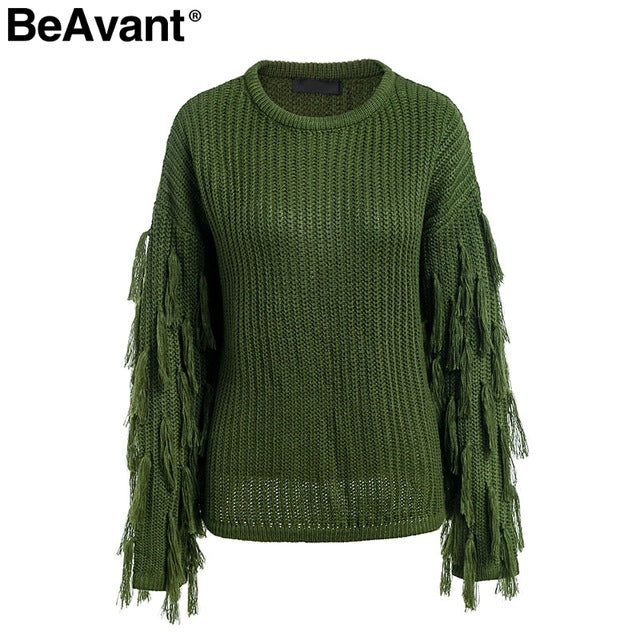 Tassel knitted sweater women pullover loose Casual army green winter sweater female O neck  autumn jumper pull femme