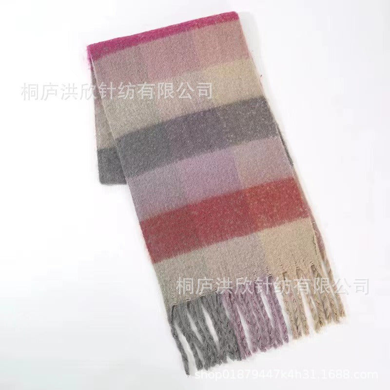 Men's and Women's Autumn and Winter Fashion Warm Rainbow Plaid Shawl Versatile Tassel Scarf