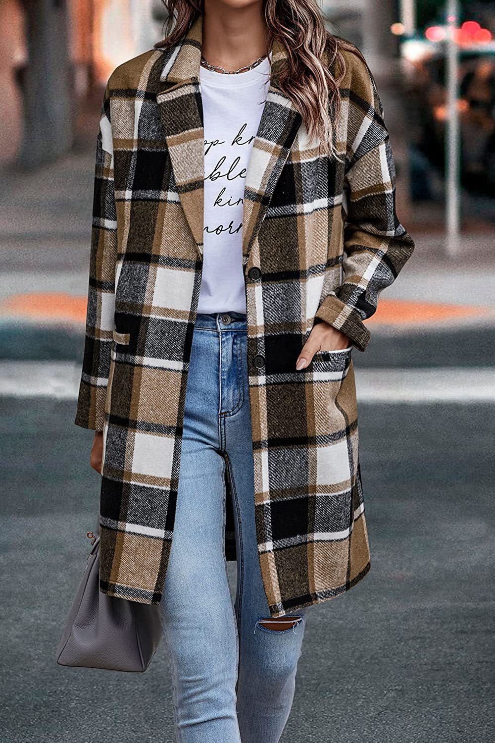 CheckeredElegance: Fashion plaid long jacket with pockets, autumn and winter new style turndown collar woolen coat for outdoor women's clothing.