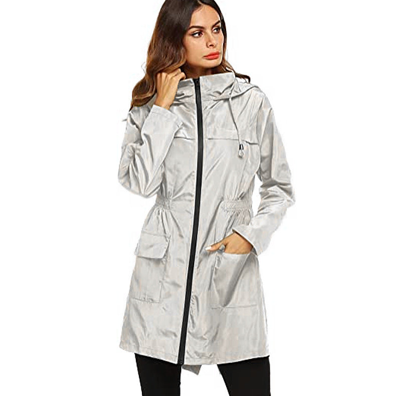 Damen Regenmantel mit Kapuze und Taille, Regenmantel, mittellanger Trenchcoat