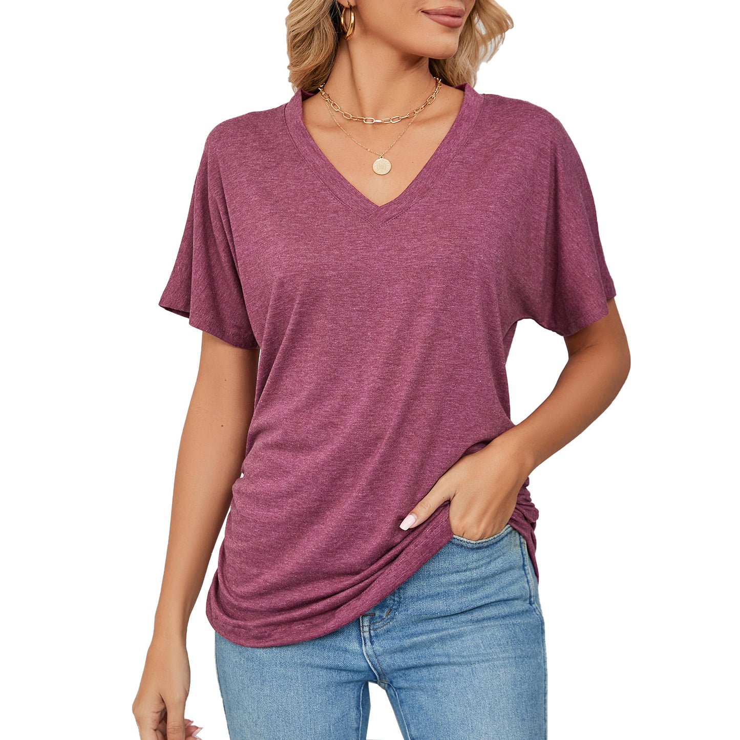 Relaxed Lady: V-neck Solid Color Loose T-shirt - Women's Leisure Pullover