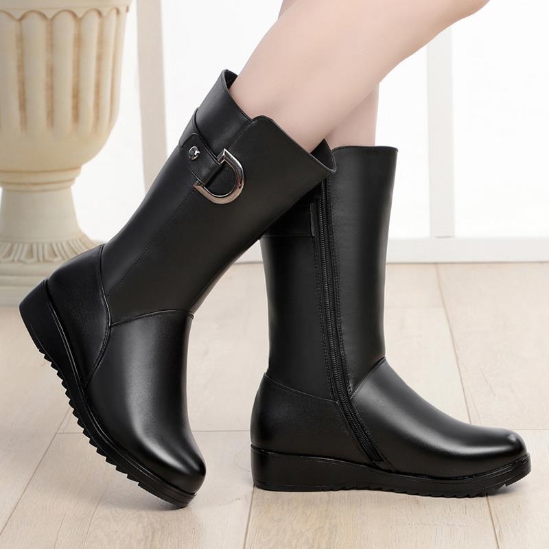 Winter Flat Non-slip Leather Shoes Fleece-lined Thermal Middle Tube Cotton Boots