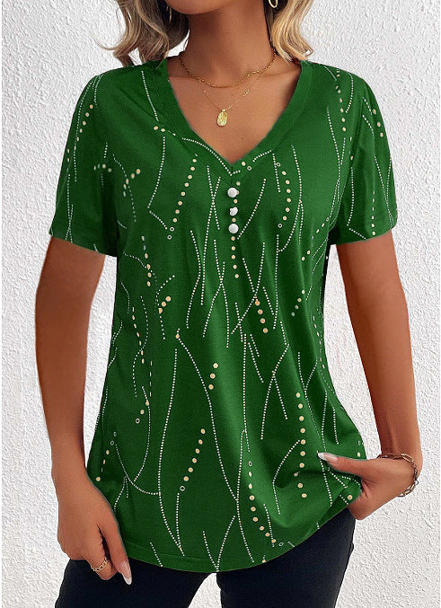 Summer Breeze: New V-neck Printed Button T-shirt - Fashionable Leisure Short-sleeved Top