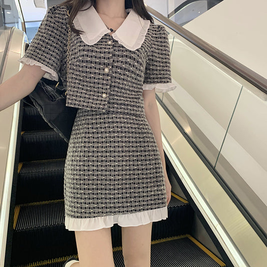 Suit Doll Collar Plaid Short-sleeved Shirt Gas Skirt