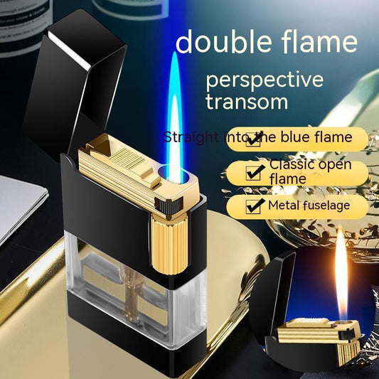 Langsheng Side Slide Straight Open Fire Double Flame Inflatable Transparent Gas Warehouse Lighter