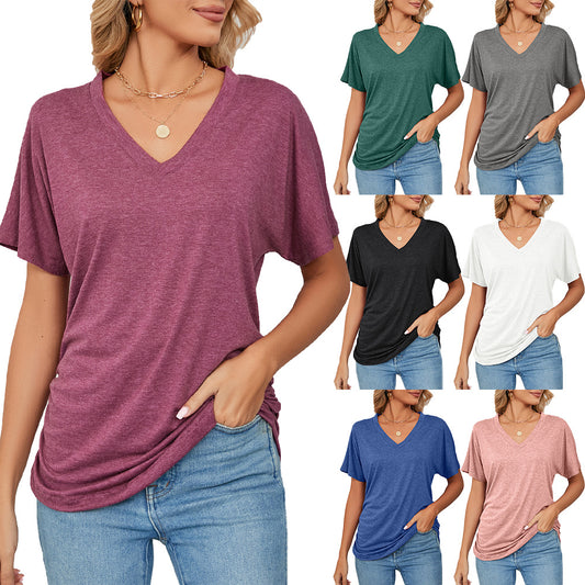 Relaxed Lady: V-neck Solid Color Loose T-shirt - Women's Leisure Pullover