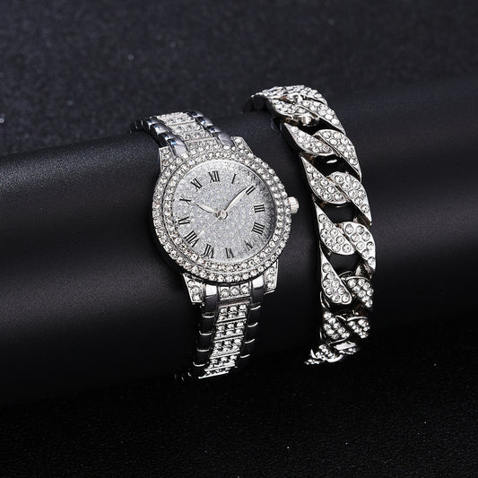 Full Diamond Roman Literal Steel Watch Bracelet Set