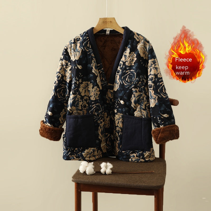 Blumenjacke mit ethnischem Druck, Fleece-gefütterter, dicker, baumwollgefütterter Mantel, Damenbekleidung in Übergröße