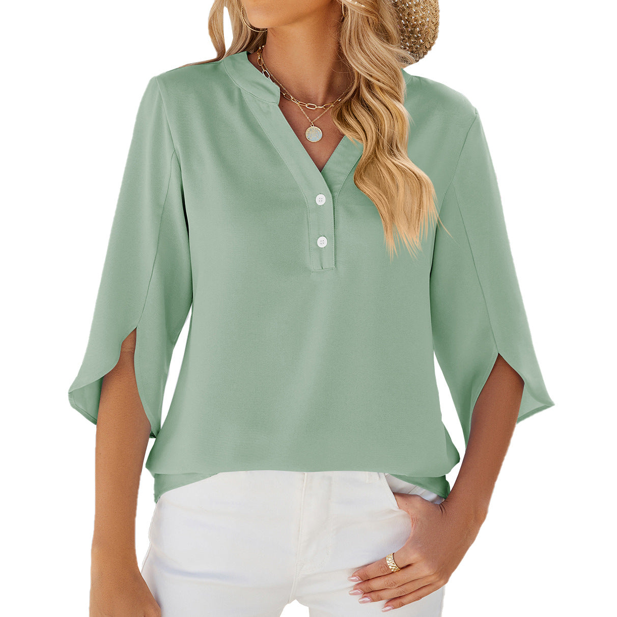 Lady Simplicity: Button V-neck Mid-sleeve Chiffon Shirt - Solid Color Top for Women's Clothing