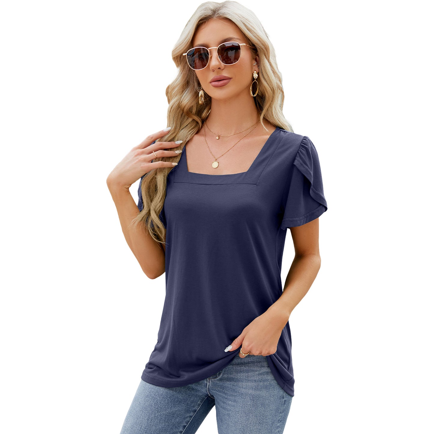 Boho Chic: Bedrucktes Kurzarm-T-Shirt mit quadratischem Ausschnitt und Blütenblatt-Ärmeln - Sommertop für Damen am Strand