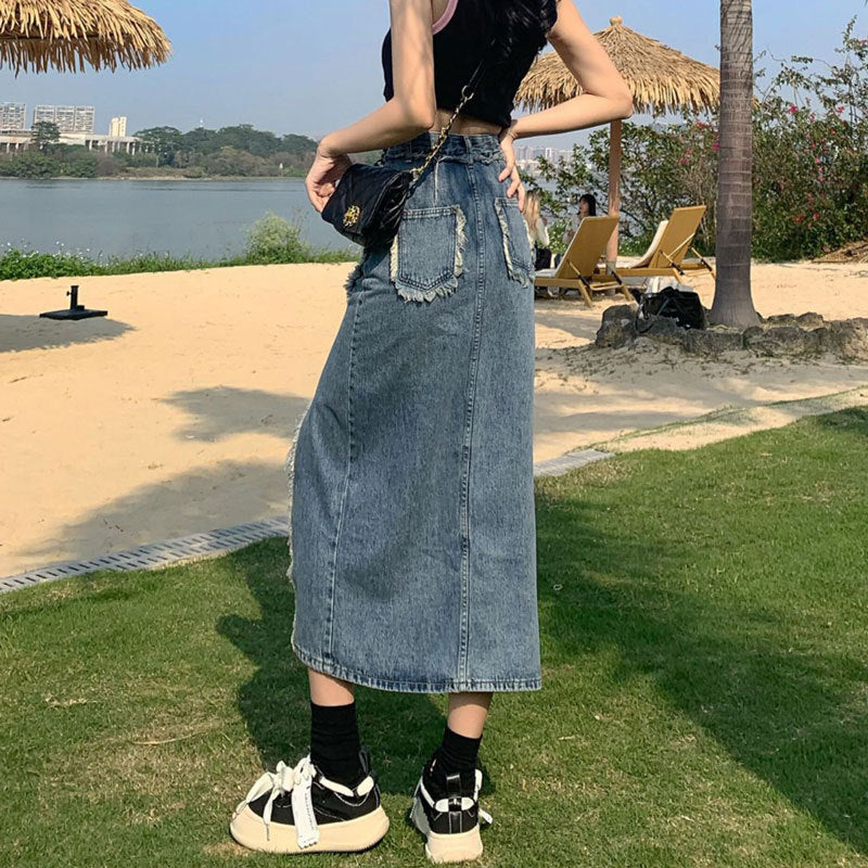 Irregular Slit Denim Skirt Female Ins Style Hot Girl Raw Edges Design