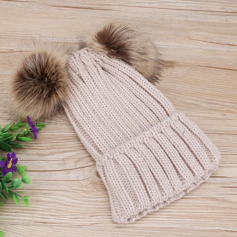 Parent-child Caps Cute Infant Baby Pompon Winter Hat Double Fur Ball Hat Mother Kids Warm Knitted Hat Newborn Beanie Cap