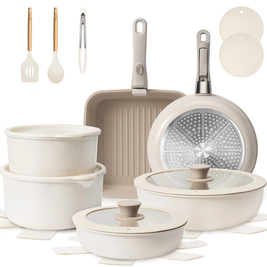 22 pieces, non-stick, induction, dishwasher and oven safe, khaki. Great gift for Christmas and Halloween.KIKCOIN.