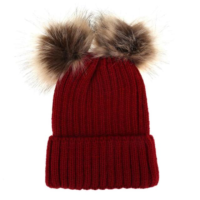 Parent-child Caps Cute Infant Baby Pompon Winter Hat Double Fur Ball Hat Mother Kids Warm Knitted Hat Newborn Beanie Cap